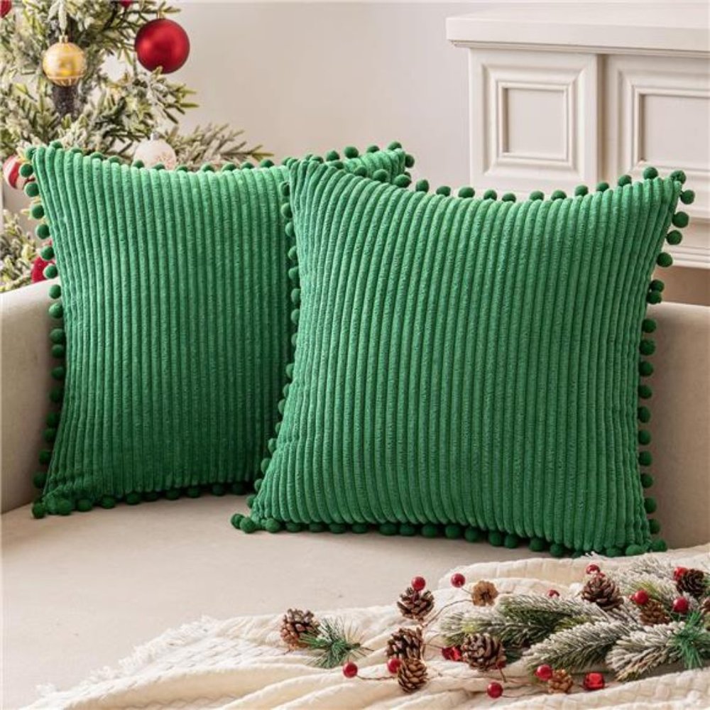 2Pcs | Christmas Decorative Throw Pillow Covers with Pom-poms | 18x18 inch